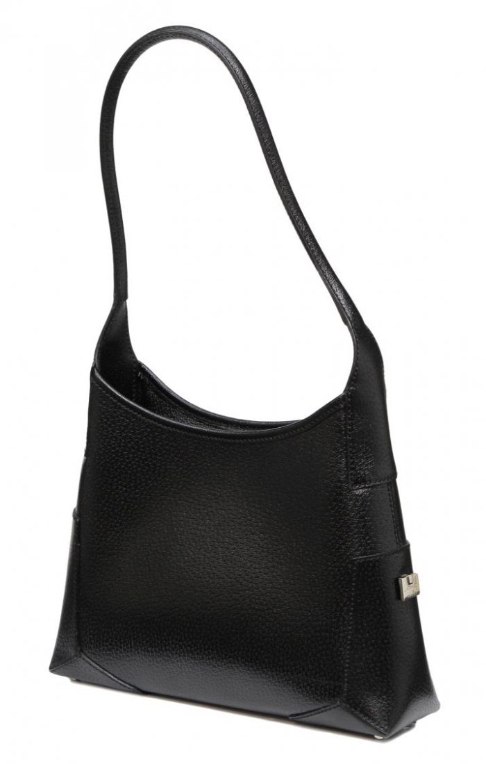 SALVATORE FERRAGAMO BLACK LEATHER SHOULDER BAG: Salvatore Ferragamo black leather shoulder bag, single leather handle, magnetic closure, black interior with single side pocket, retaining dust bag, bag: approx 7.25"h, 10.5"w, 2.75"d, .5lbs Start Pri
