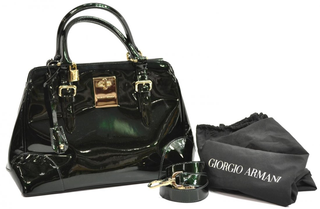 GIORGIO ARMANI GREEN PATENT LEATHER SHOULDER BAG: Giorgio Armani handbag in metallic green patent leather, shoulder strap, handles, lock key and clochette, the interior with numerous slots, zipped sections and storage, black dust bag, bag: approx 9.5