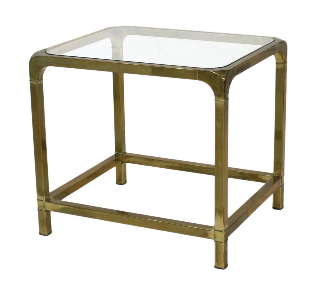 MASTERCRAFT BRASS & GLASS LAMP TABLE, 1970'S: Mastercraft brass framed lamp table, 1970's, having an inset glass top, rising on square supports, 24"h, 26"w, 22"d Start Price: $150.00