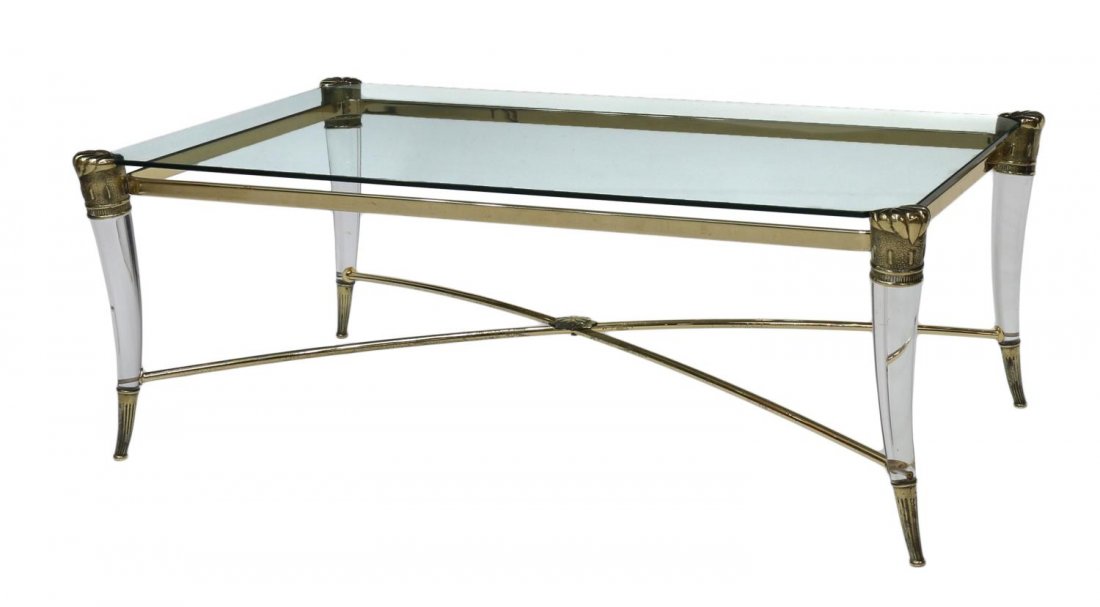 ITALIAN BRASS, GLASS & ACRYLIC COFFEE TABLE: Italian modern coffee table, c. 1970, design in the manner of Willy Rizzo (Italian, 1928-2013), a brass framed with glass top rising on horn shaped brass capped acrylic legs with brass feet, 17.75"h,