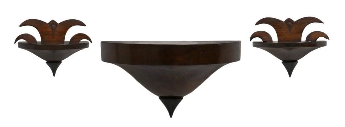 (3) ITALIAN BURLWOOD WALL BRACKET & SCONCES: (lot of 3) Italian burlwood wall bracket & sconces, c. 1930, demilune form with conical drop pendant, comprising: (1) small shelf wall mount, minor wood wrinkling to bottom, 6.5"h, 11.5"w, 5.5"d; (2)