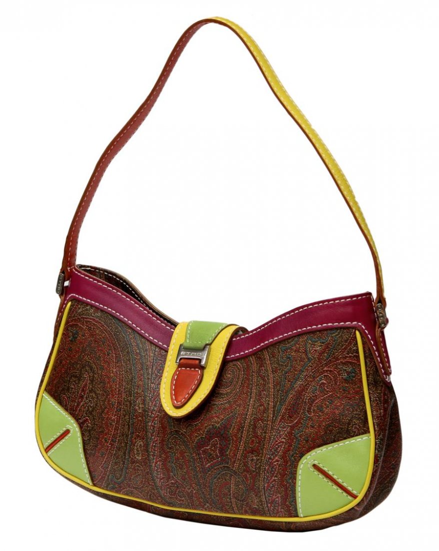 ETRO MULTI-COLOR PAISLEY CANVAS & LEATHER PURSE: Etro shoulder bag in multi-color coated fabric in a paisley print, leather trim, bag: approx 6.25"h, 11"l, .25lb Start Price: $60.00