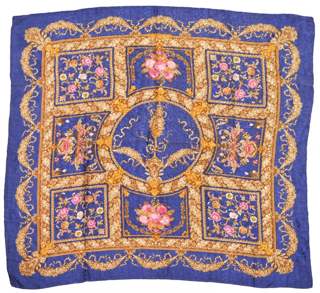 MORABITO BLUE & PINK FLORAL DECOR SILK SCARF: Morabito silk scarf in blue with pink and tan floral foliate design, approx 42", 41.75" Start Price: $50.00