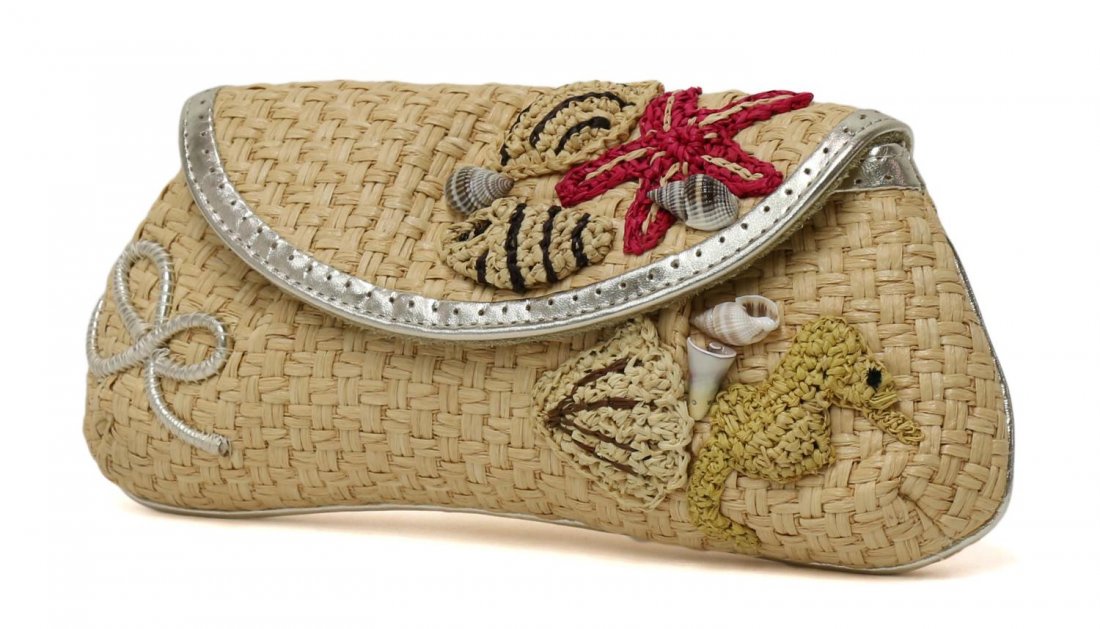 ANYA HINDMARCH SEASHELL DECOR WOVEN CLUTCH BAG: Anya Hindmarch clutch / pouch, woven straw bag with applied seashells and decor, metallic leather trim, suede lined interior with single slot, .25lb Start Price: $50.00