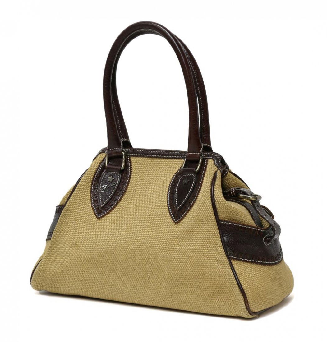 FENDI BEIGE CANVAS & BROWN LEATHER LADIES HANDBAG: Fendi canvas purse having brown leather trim, four small star accents at handles, lined interior with zip pocket, bag: approx 9"h, 13"w, .50lb Start Price: $60.00