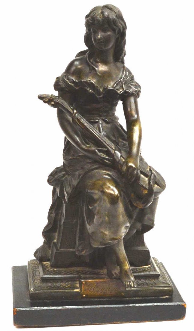 AFTER HIPPOLYTE MOREAU, MIGNON WITH MANDOLIN: French patinated figural spelter, 'Mignon with Mandolin', after Hippolyte Francois Moreau (French, 1832-1927), mounted on a lacquered wooden square base, some spotting, scratch on back, sculpture: app