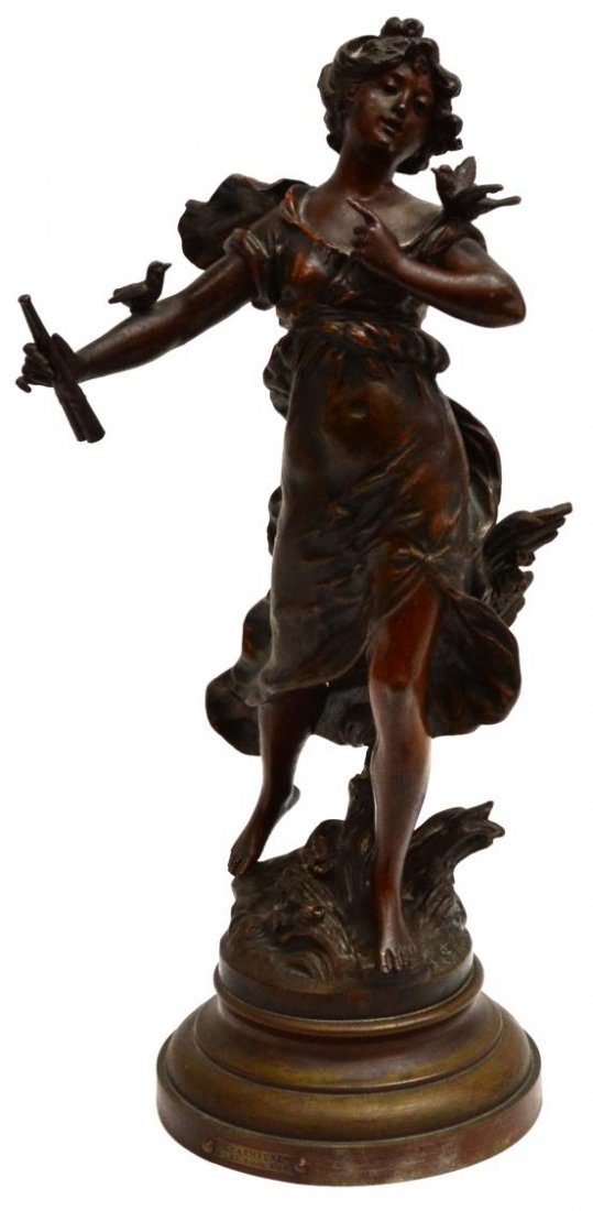 L & F MOREAU SPELTER SCULPTURE, CHARMEUSE: French patinated figural spelter sculpture, "Charmeuse", 19th c., signed L&F Moreau (L & F Moreau Studio / Louis Auguste Moreau, French, 1855-1919 and Hippolyte Francois Moreau , French, 1832-1927), f