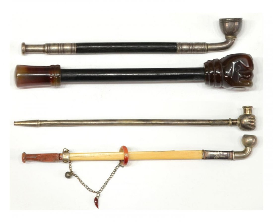 (4) ANTIQUE CHINESE OPIUM PIPES OF VARIED DESIGN: (lot of 4) Antique / vintage Chinese opium pipes, (1) in metal with hand form bowl, (1) wood with carnelian stone hand and mouthpiece, (1) brown with floral decorated stem and bowl, mouthpiece in ston