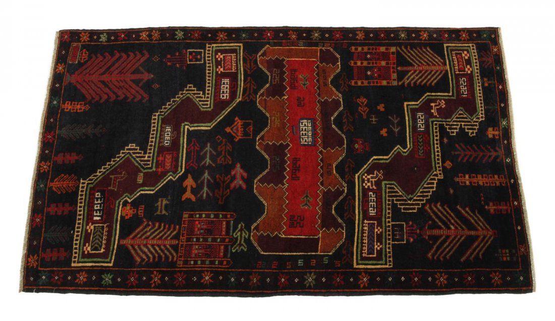 HAND WOVEN PAKISTAN BALUCHI WAR RUG, 4'9" x 2'9": Hand Woven Pakistan Baluchi wool war rug showing fighter planes, rockets, approx. 4'9" x 2'9" (889707) Start Price: $150.00