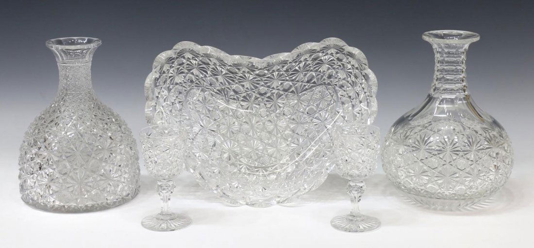 (5) AMERICAN BRILLIANT RUSSIAN CUT GLASS GROUP: (lot of 5) American Brilliant Period cut glass group, Russian pattern: (1) vase with notched neck, starred buttons, 7.75"h; (1) bottle, overall pattern with starred buttons, 7.5"h; (1) dish (ice cream