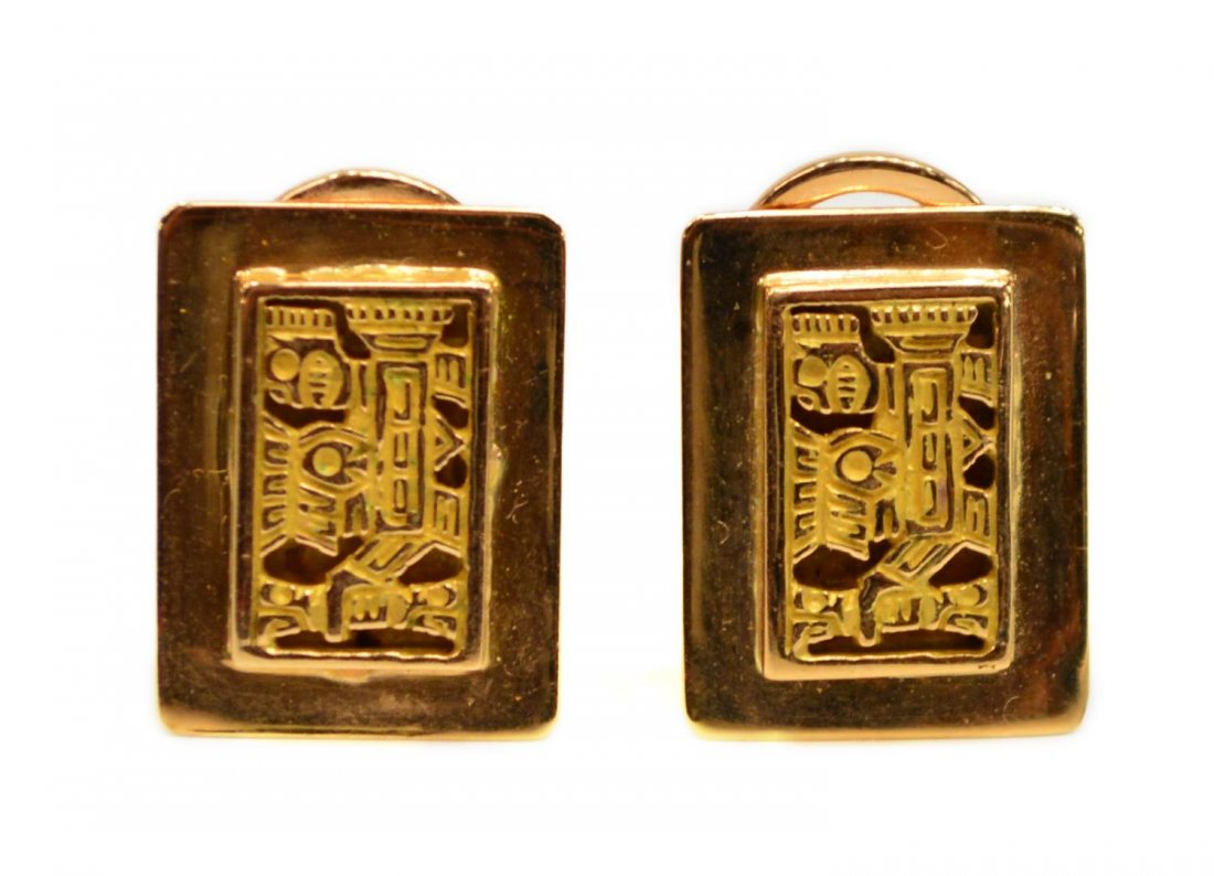 (2) LADIES ESTATE 18KT GOLD EARRINGS, INCAN DEITY: (pair) Ladies estate18kt gold earrings, each of rectangular form, decorated with an Incan Deity, French clip, .60"l, .50"w, 9.4 grams Start Price: $200.00