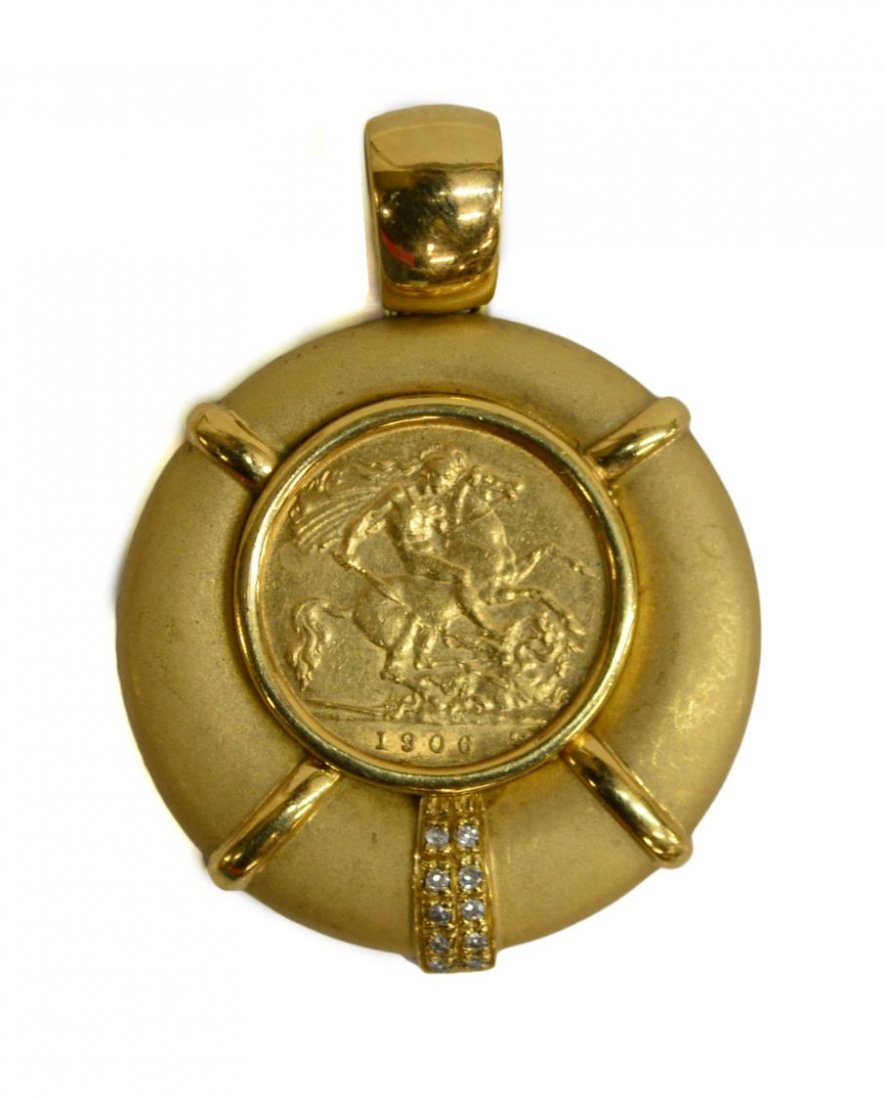 1906 GREAT BRITAIN GOLD SOVEREIGN COIN PENDANT: Ladies custom gold and diamond estate pendant, the gold custom bezel set with two rows of small diamonds, centering a Great Britain 1906 gold sovereign, the front showing St. George Slaying the Dragon