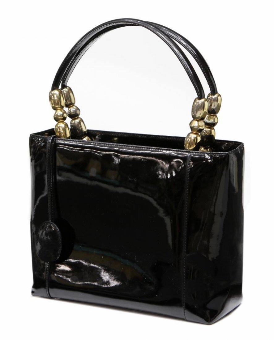 VINTAGE CHRISTIAN DIOR MARIS PEARL PATENT PURSE: Vintage Christian Dior black patent leather Maris Pearl tote, removable shoulder strap and handles, gilt metal hardware and decor, lined interior, lockable, retaining keys, dust bag, bag: approx 8"h, 