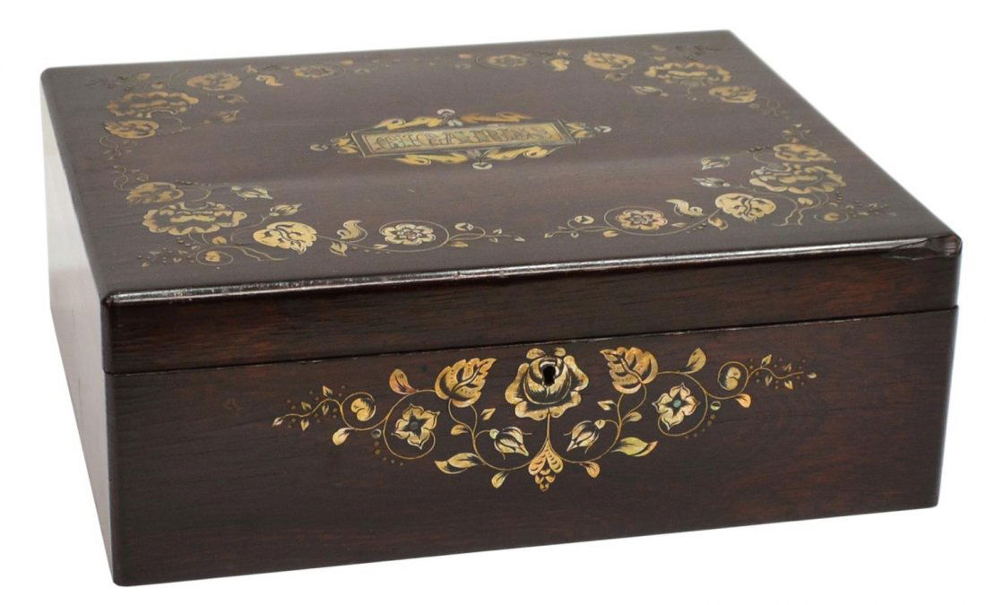 ANTIQUE ROSEWOOD 'CIGARES' MOP INLAID TABLE BOX: French rosewood "Cigares' box having inlaid mother-of- pearl and abalone, white interior with compartments, loss to veneer at corners, 4"h, 11.25"l, 9.5"d, 3lbs Start Price: $80.00