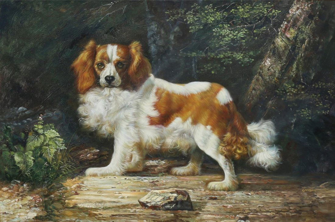 PAINTING:KING CHARLES SPANIEL, AFTER GEORGE STUBBS: Framed oil painting on canvas, King Charles Spaniel signed lower right C. Peters, after a similar painting by George Stubbs (British, 1724-1806), sight: 23.5"h, 35.5"w, overall: 34"h, 46"w, 22.25lbs *