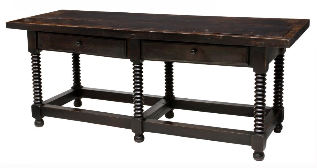 ANTIQUE SPANISH BAROQUE STYLE RING TURNED TABLE: Spanish Baroque style hall table, fashioned from 18th and 19th c. elements, the thick rectangular single board top, over two drawers, ring turned base joined by box stretchers, all raised on bun feet,