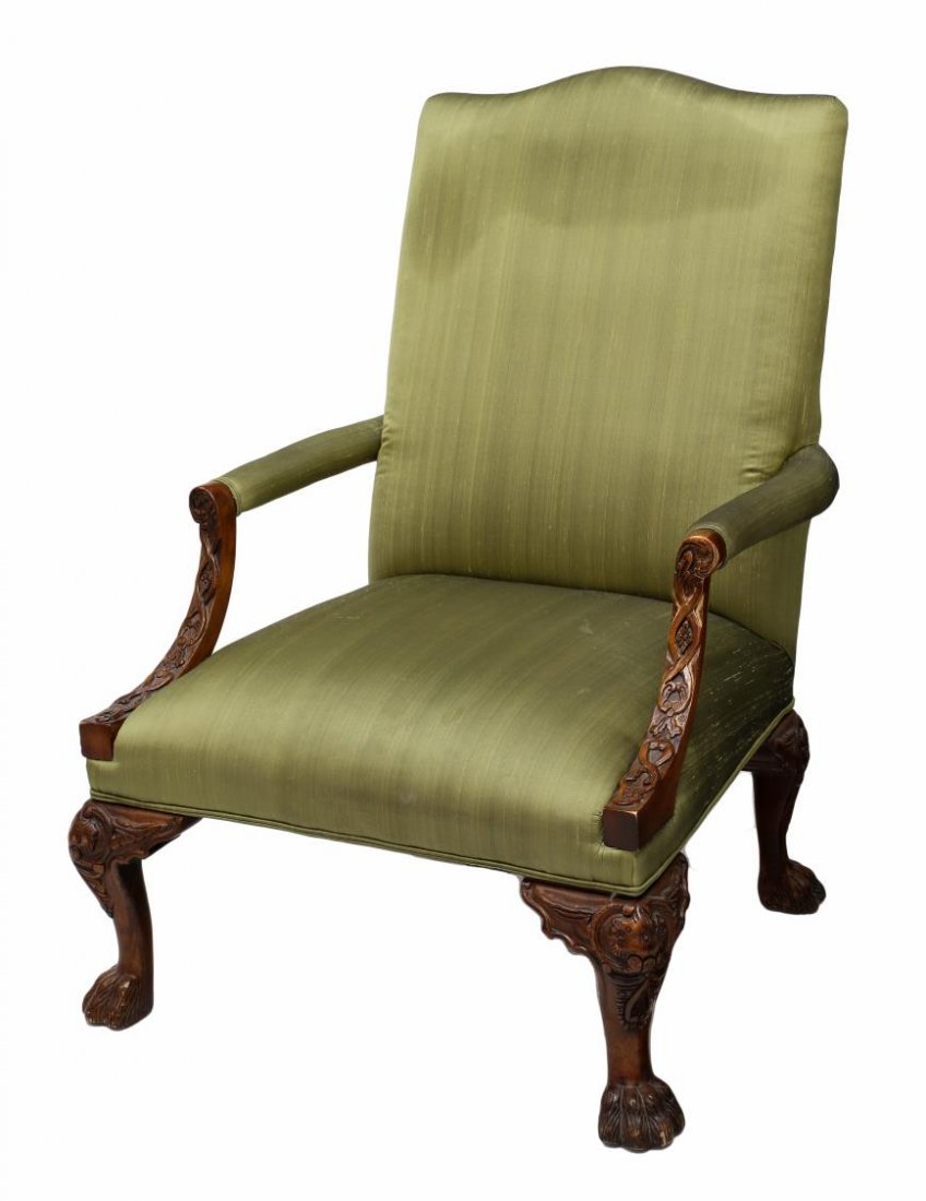 LARGE HENDREDON NATCHEZ ARM CHAIR: Large Henredon Natchez Collection arm chair having green silk upholstery, an arched back, open padded arms ending in down swept carved wood, rising on cabriole legs with large paw feet, stains, togeth