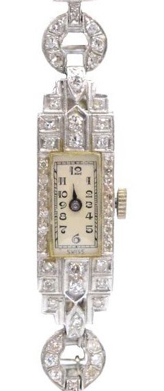 FINE ESTATE ART DECO PLATINUM & DIAMOND WRISTWATCH: Art Deco platinum and approx 2.00 cts diamond total weight estate wristwatch, Swiss works having Arabic numerals, marked E & M Rosenthal, 17 jewels, 20.2 grams (inclusive of all materials), 17 grams (