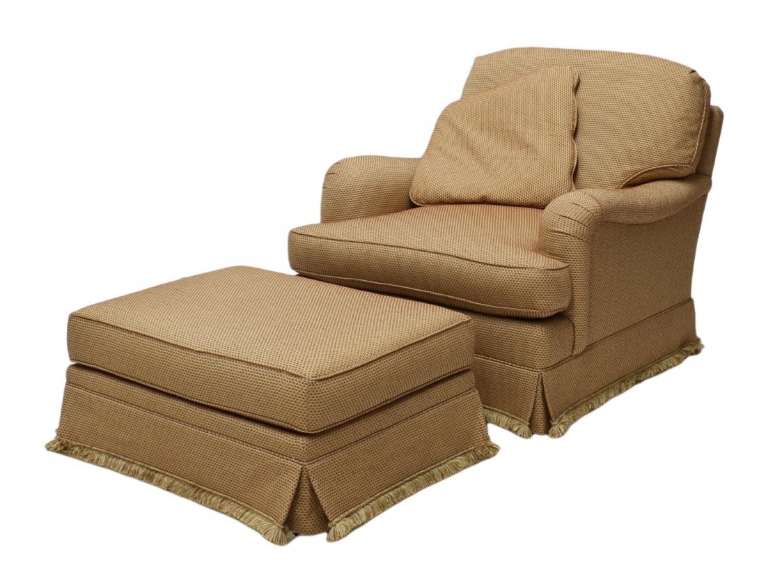 LARGE SHERRILL ARM CHAIR & OTTOMAN: (lot of 2) Large upholstered arm chair with ottoman, Sherrill Furniture, Hickory, N.C., traditional style with textured upholstery, removable back and seat cushion, throw pillow, fringed skirt, rising