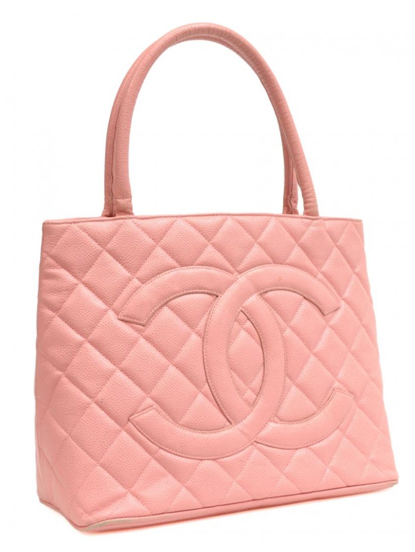 CHANEL MEDALLION TOTE IN PINK CAVIAR LEATHER: Chanel 'Medallion' tote, c. 2005, in pink caviar leather, very minor wear to exterior edges, bag: approx 10"h, 14"w, 6"d, 1.5lbs Start Price: $600.00