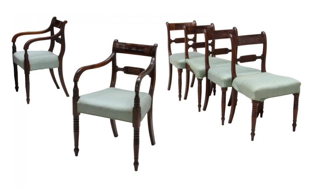 (6) AMERICAN CLASSICAL MAHOGANY DINING CHAIRS: (lot of 6) American Classical mahognay dining chairs, second quarter 19th c., a curved back rail over the shaped mid rail, later fabric upholstery, rising on turned legs with blunt arrow feet, (2) arm
