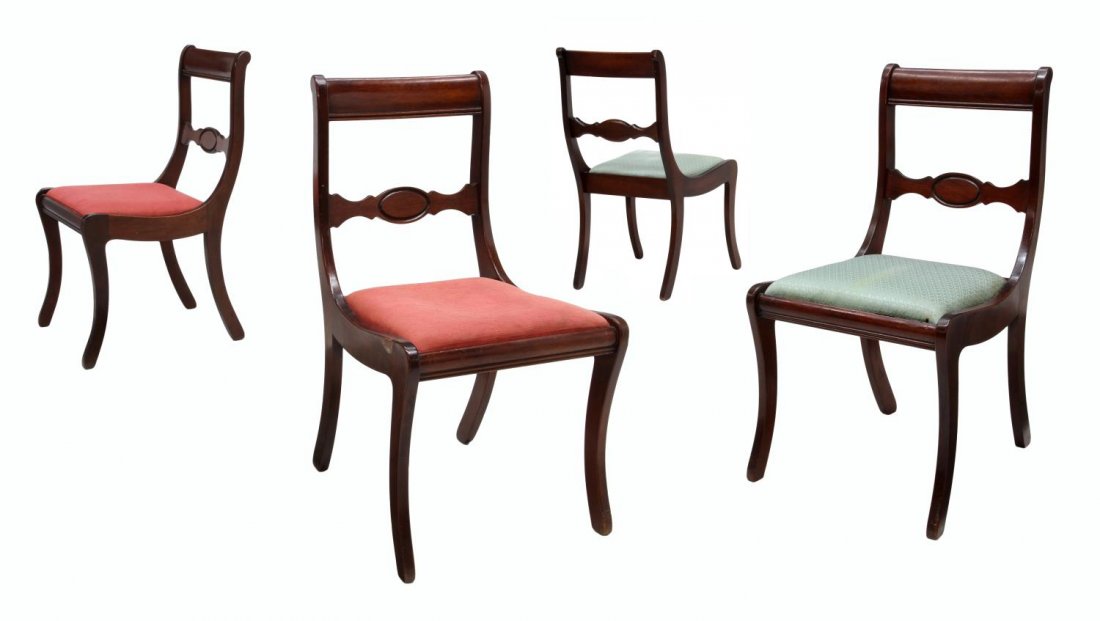 (4) DUNCAN PHYFE STYLE MAHOGANY DINING CHAIRS: (lot of 4) Duncan Phyfe mahogany dining chairs, 20th c, a slightly curved crest rail over the shaped mid rail, drop in seats, outward curving legs, 34.75"h, 18.75"w, 21"d Start Price: $80.00