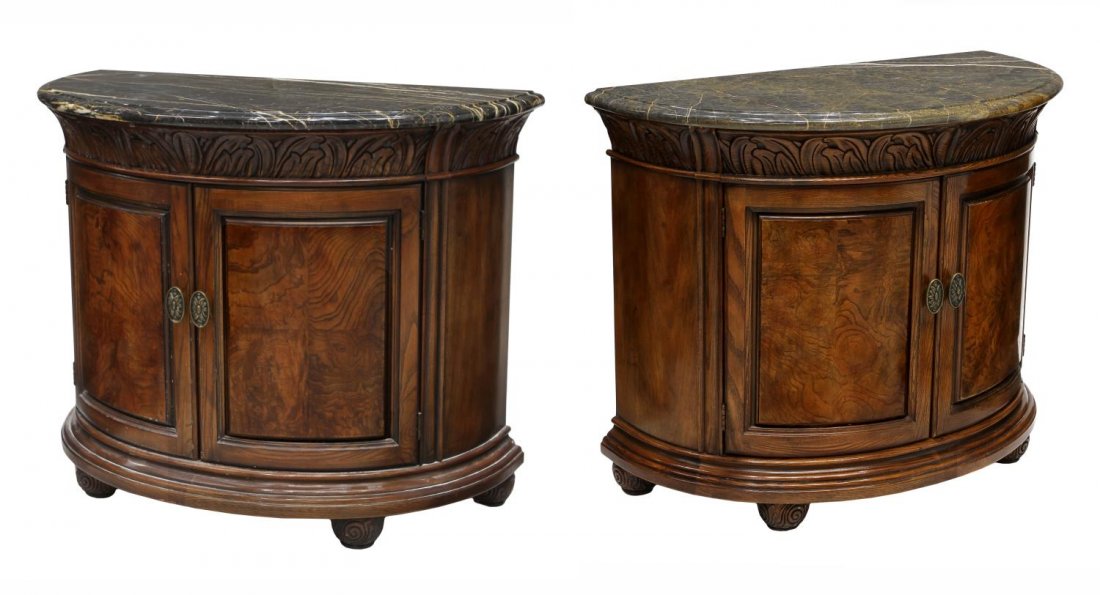 (2) HENREDON MARBLE TOP DEMILUNE TABLES