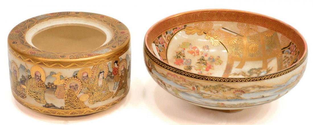 (2) FINE JAPANESE SATSUMA EARTHENWARE BOWL & JAR: (lot of 2) Japanese Satsuma earthenware cabinet items: (1) bowl, Meiji period (1868-1911), the interior finely decorated in polychrome enamels and gilt with overlapping figural panels reserved on a br