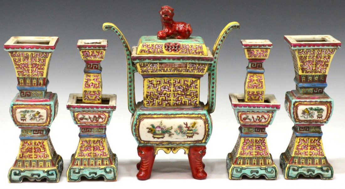 (5) CHINESE FAMILLE ROSE PORCELAIN ALTAR SET: (set of 5) Chinese Famile Rose porcelain altar set, each having polychrome enameled decor, comprising (1) incense burner, a foo lion surmounting the lid, flared handles join the body decorated with di