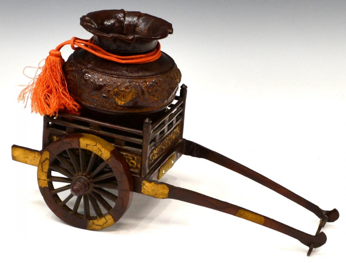 (2) JAPANESE CAST IRON IKEBANA VASE & FLOWER CART: (lot of 2) Japanese cast iron Ikebana flower cart and vase, cart: approx 5"h, 13.25"w, vase: approx 5.5"h, 6.75lbs total Start Price: $50.00