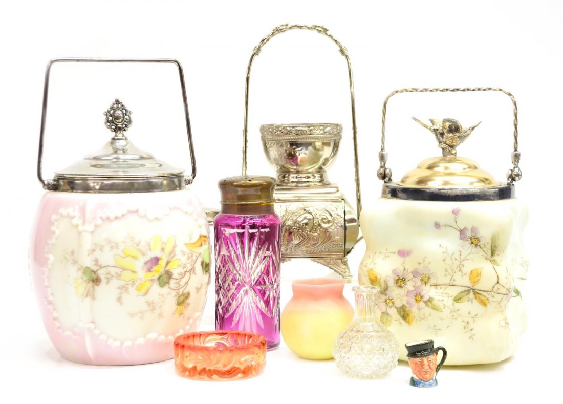 (8) ANTIQUE / VINTAGE GLASS, WAVECREST, CRANBERRY: (lot of ) Collection of antique and vintage table items: (1) molded white glass biscuit jar, transfer decorated with flowers, silver plate swing handle and lid, possibly unsigned Wavecrest, 9"h (to li