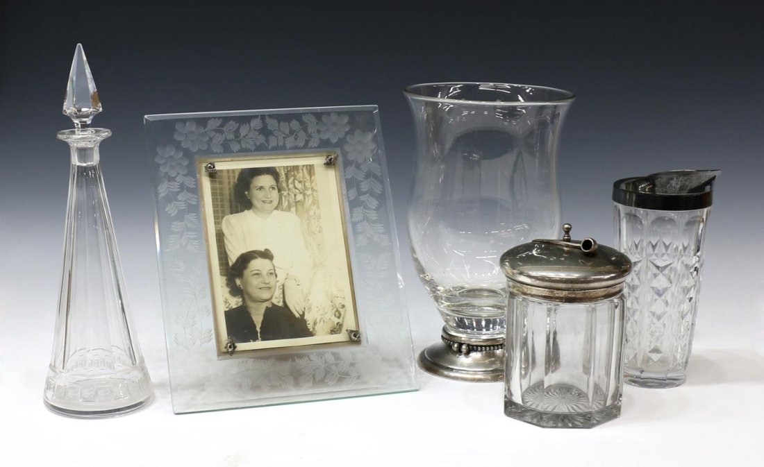(5) CUT GLASS, TOBACCO JAR, SINCLAIR DECANTER: (lot of 5) Collection of glass cabinet and tableware: (1) Brilliant Period decanter, the paneled bottle having a foliate etched border along the base, acid signed, 12.75"h; (1) Val St. Lambert colorle