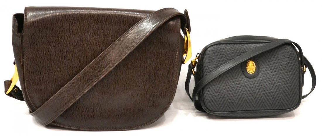 (2) DONNA KARAN & MARK CROSS SHOULDER BAGS: (lot of 2) Collection of ladies cross body bags, including: (1) Donna Karan brown leather with gold tone hand bag, black fabric interior with one side zipper pocket, magnetic snap closure, bag: approx