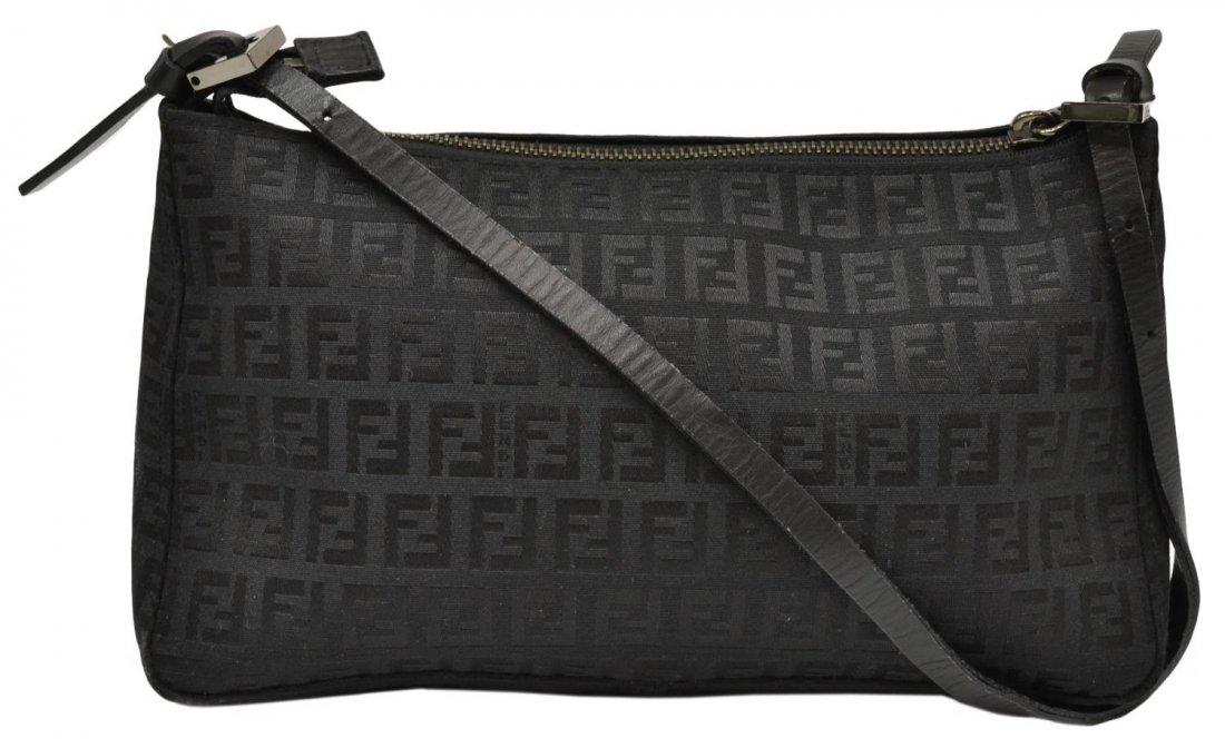 FENDI BLACK MONOGRAM CANVAS BAGUETTE PURSE: Fendi black monogram canvas baguette purse, single slit pocket on interior, leather handle with some wear, bag: approx 6"h, 10.5"w, 2"d, .25lb Start Price: $75.00