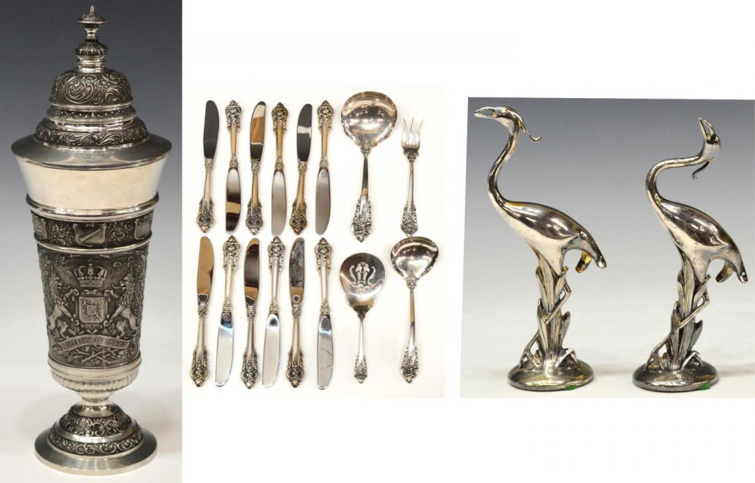 (19) WALLACE GRAND BAROQUE STERLING, RELIEF POKAL: (lot of 19) Collection of sterling and silver plate service and flatware: (set of 16) Wallace 'Grand Baroque' sterling service flatware, comprising: (12) butter knives, 6.25"l; (1) sauce ladle, 5.5"l;
