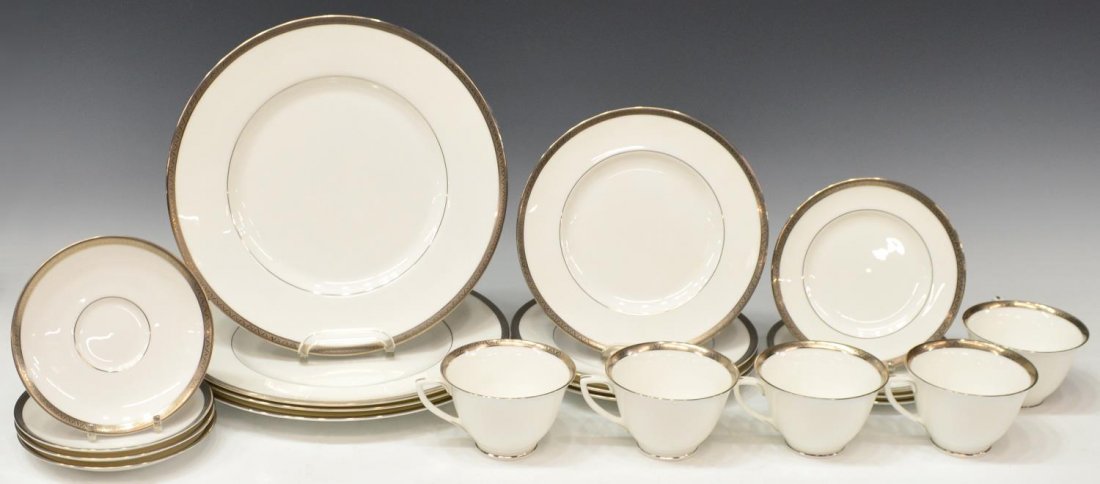 (21) ROYAL WORCSTER MALVERN DINNER SERVICE FOR 4: (lot of 21) English Royal Worcester porcelain dinner service for four, Malvern pattern, platinum encrusted trim on cream ground, comprising: (4) dinner plates, 10.5"diam; (4) salad plates, 8"diam; (4)
