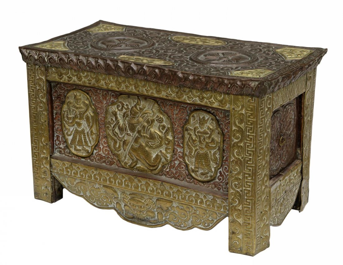 FIGURAL REPOUSSE BRASS & COPPER COVERED BOX: Brass and copper over wood box, likely India, 19th c., having foliate and figural repousse decoration, a drawer at one side, 12.5"h, 20.25"w, 10.75"d, 24lbs Start Price: $60.00