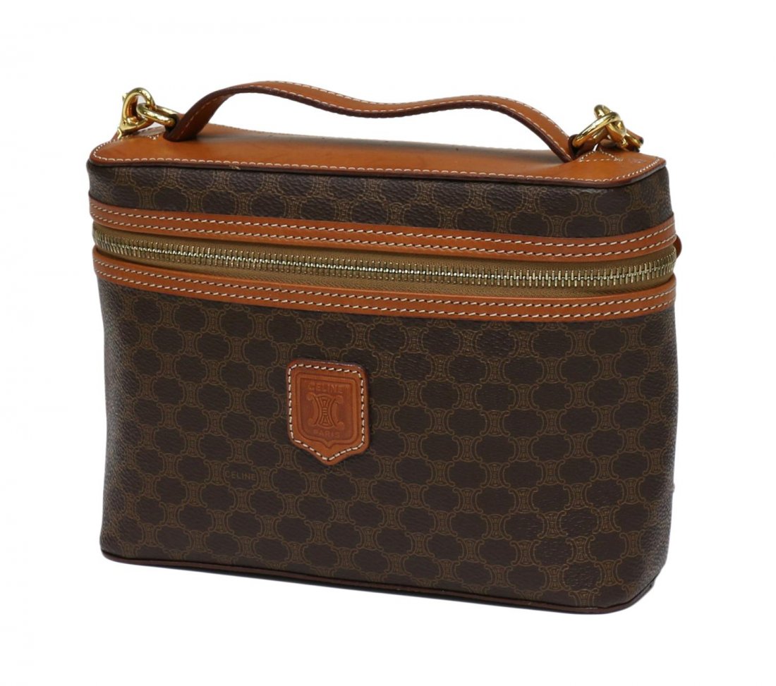 CELINE MONOGRAM CANVAS ACCESSORY POUCH: Celine monogram canvas accessory pouch having leather handle and shoulder strap, leather top with some surface wear, patination, pouch: approx 6"h, 9"l, .75lb Start Price: $50.00
