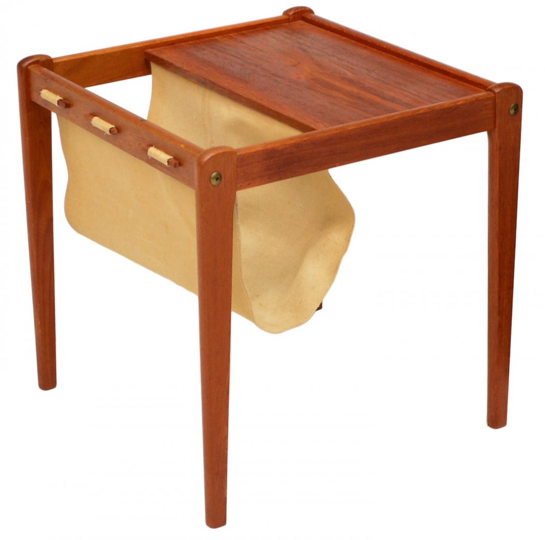 DANISH MID-CENTURY MODERN SIDE TABLE MAGAZINE RACK: Danish mid-century modern diminutive side table, 1950's, half teakwood top, the other half with a cloth magazine holder, squared tapered legs, 18.25"h, 17.75"w, 17.75"d Start Price: $60.00
