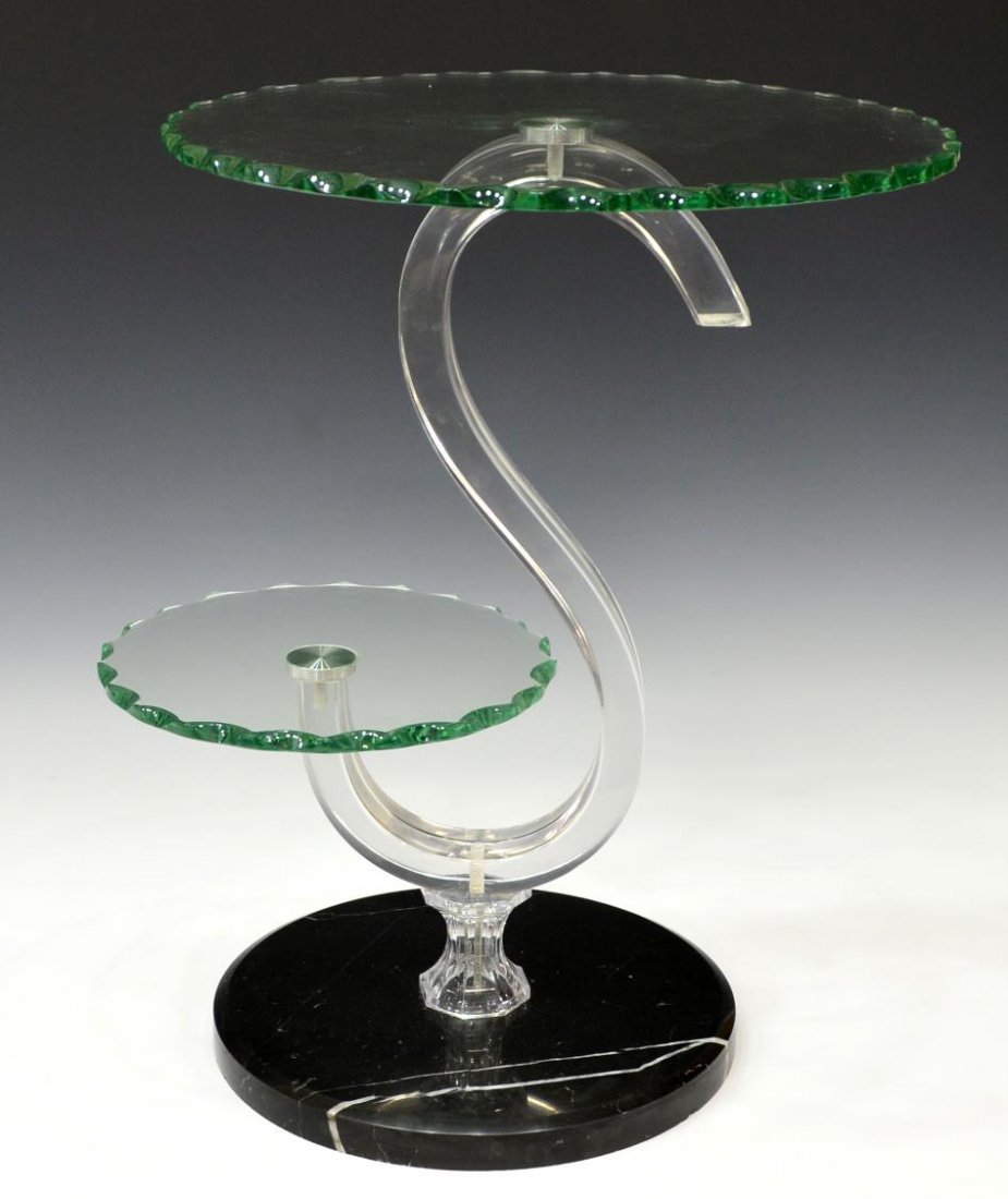 ITALIAN MODERN PLEXIGLASS, GLASS & MARBLE TABLE: Italian modern design tiered side table, c. 1970, a plexiglass S form standard supporting two shaped circular glass platforms of varied size, the whole raised on a black marble base with white veins,