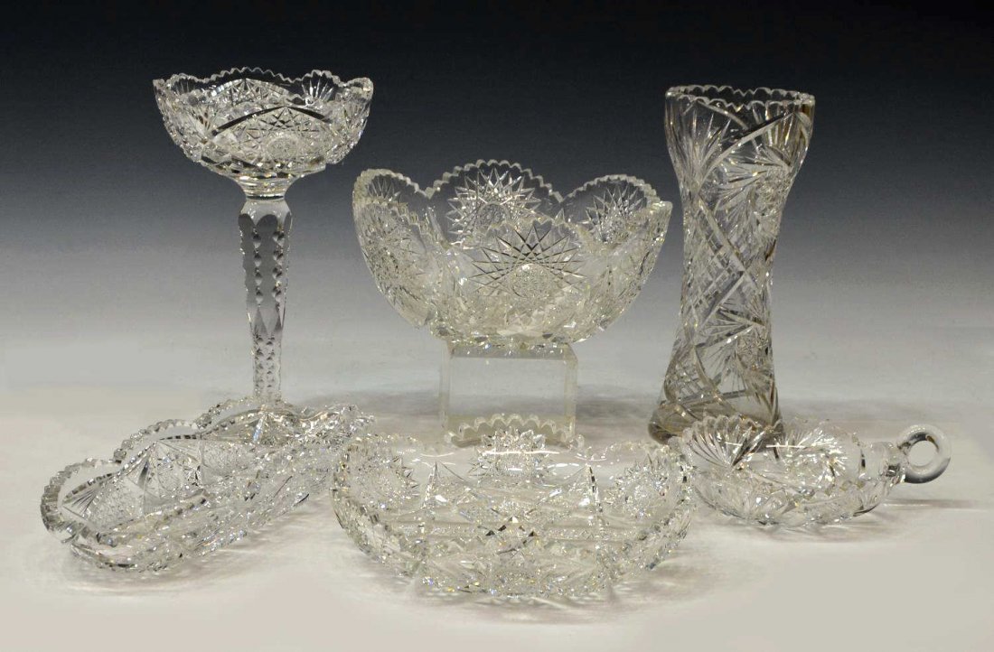(6) FINE & HEAVY AMERICAN BRILLIANT CUT GLASS LOT: (lot of 6) Collection of American Brilliant cut glass cabinet and tableware: (1) tall compote, the tapering notched stem, below a bowl cut with hobstar, fan and other patterns, textured star and fan f