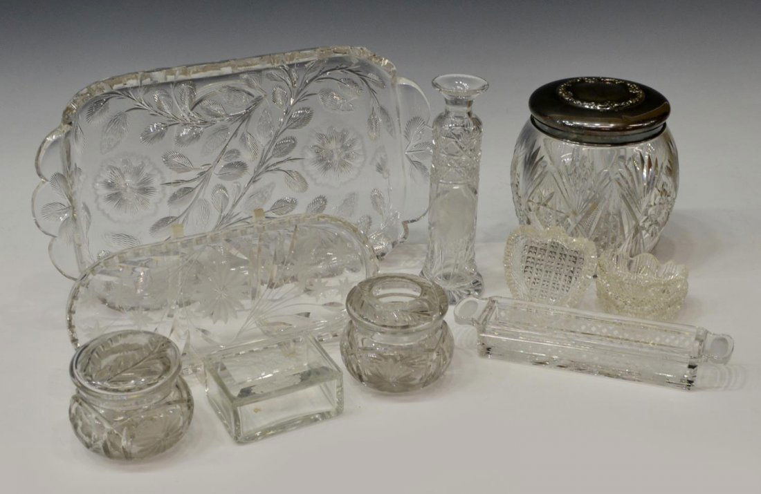 (11)FINE CUT GLASS DRESSER & TABLE ITEMS, STERLING: (lot of 11) American Brilliant and cut glass dresser items: (1) J. Hoare & Co. fine intaglio cut handled tray, all over decor of leafy vines with flowers, scalloped edge, acid marked on central well,