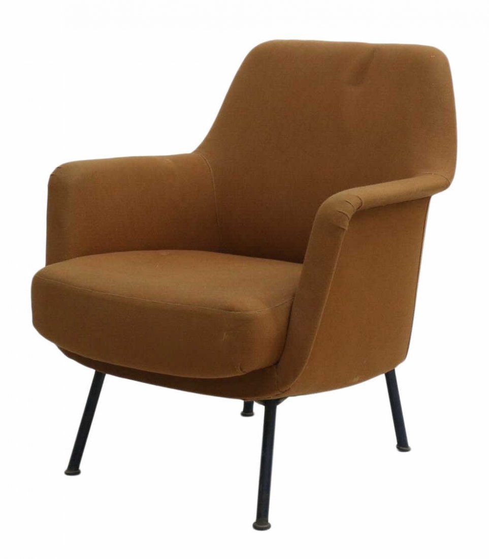 ITALIAN MID-CENTURY MODERN LOUNGE CHAIR: Italian mid-century modern arm chair, c. 1960, upholstered in brown fabric, wide arms, raised on angled steel legs with brass capped feet, 30.5"h, 27.5"w, 25"d Start Price: $200.00