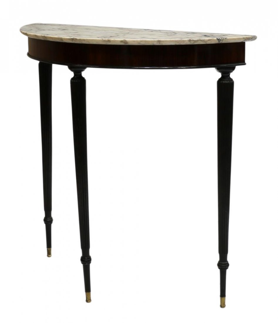 ITALIAN CONSOLE TABLE, MANNER OF PAOLO BUFFA: Italian demilune rosewood marble top console table, design in the manner of Paolo Buffa (Italian, 1903-1970), rising on tapered ribbed legs with brass capped turned feet, marble chipping, 36.5"h, 38"w