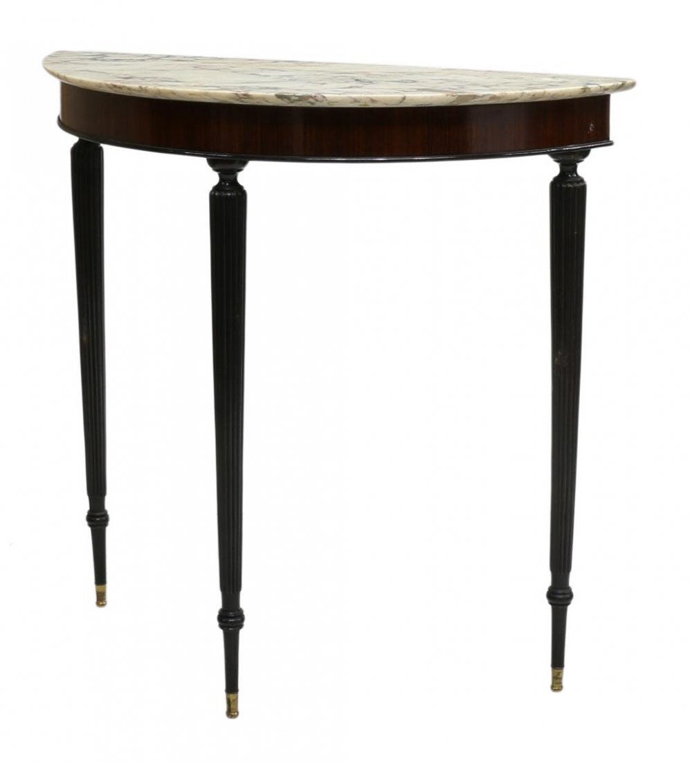 ITALIAN CONSOLE TABLE, MANNER OF PAOLO BUFFA: Italian demilune rosewood marble top console table, design in the manner of Paolo Buffa (Italian, 1903-1970), rising on tapered ribbed legs with brass capped turned feet, marble chipping, 36.5"h, 38"w