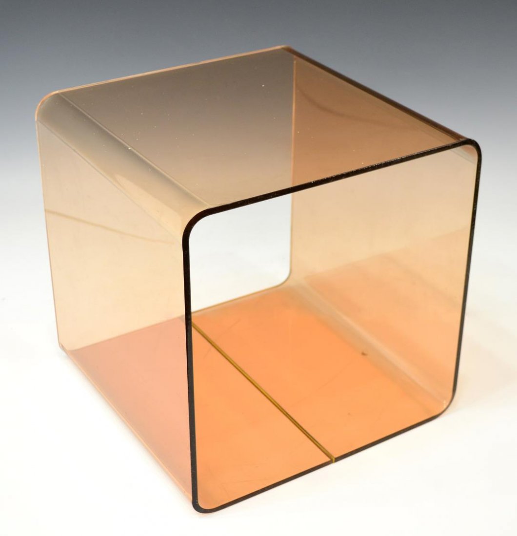 ITALIAN MODERN TINTED PLEXIGLASS CUBE FORM BENCH: Italian modern rose tinted plexiglass mini stool, c. 1970, cube with rounded corners, some scratches, approx 11.5"h, 11.5"w, 3.75lbs total Start Price: $50.00