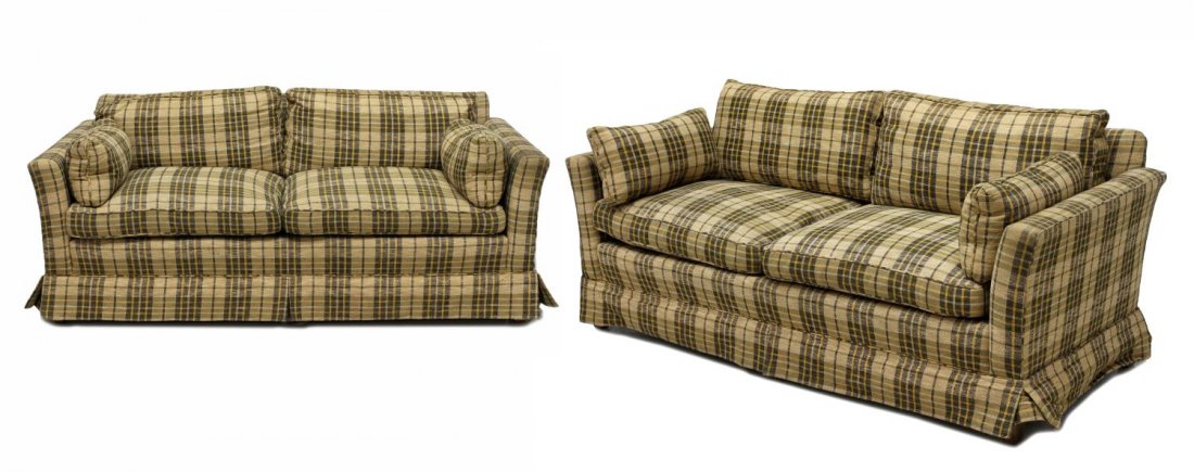 (2) MATCHING LOVE SEATS, PLAID UPHOLSTERY: (lot of 2) Matching love seats, two back, seat and side cushions, upholstered in plaid brown and tan fabric, square tapered front legs, 28.5"h, 72"l, 33"d Start Price: $100.00