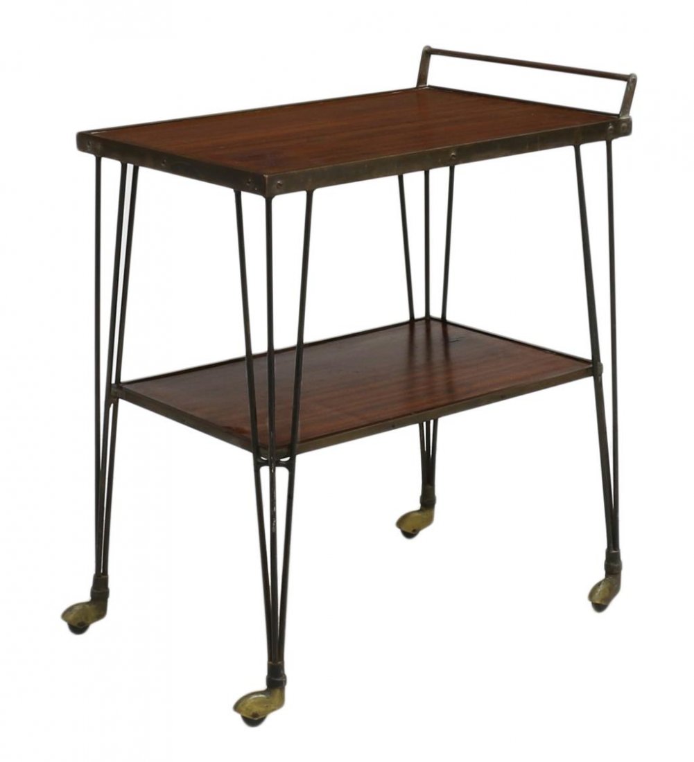 ITALIAN MID-CENTURY MODERN TEA SERVICE CART: Italian mid-century modern, tea or service cart, c. 1950, having two brass framed mahogany shelves, a brass handle, rising on steel wire legs with castors, 29.5"h, 16"w, 24"d Start Price: $100.00