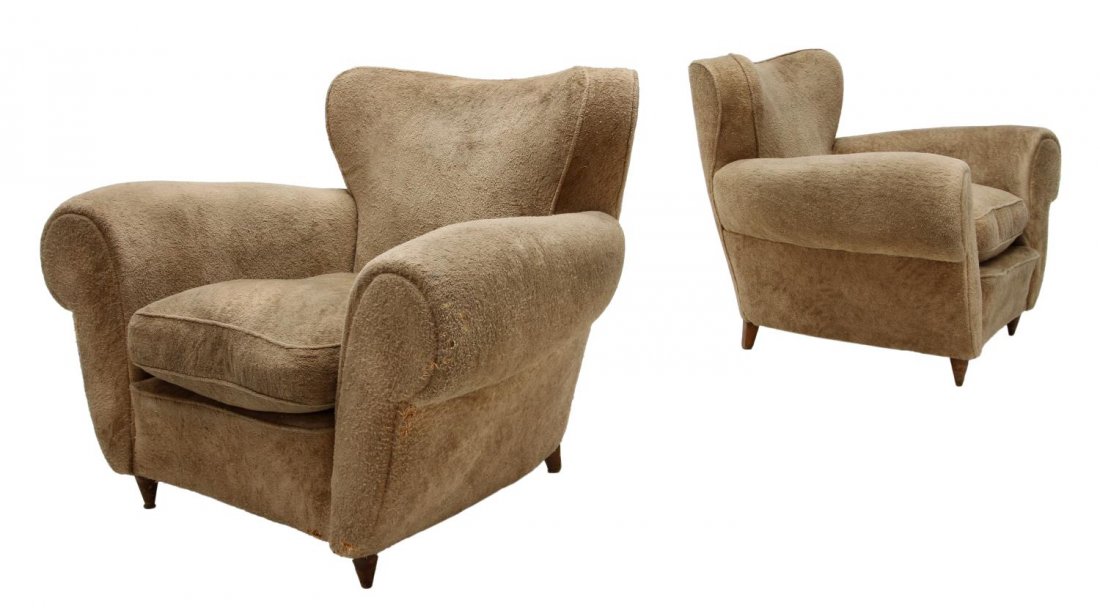 (2) ITALIAN MODERN LOUNGE CHAIRS, GIULIO MINOLETTI: (lot of 2) Italian mid-century modern lounge chairs, c. 1950, design by Giulio Minoletti (Italian, 1910-1981), a modern wing back with rolled arms, a removable seat cushion, raised on tapered legs, 32