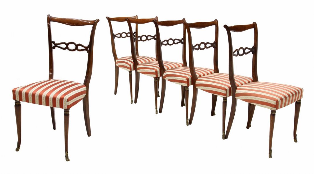 (6) DINING CHAIRS IN THE MANNER OF PAOLO BUFFA: (lot of 6) Italian dining chairs, late 1950's, design in the manner of Paulo Buffa (1903-1970), mahogany finish with a shaped crest rail, twist and pierced rail, later striped seat fabric, rising on t